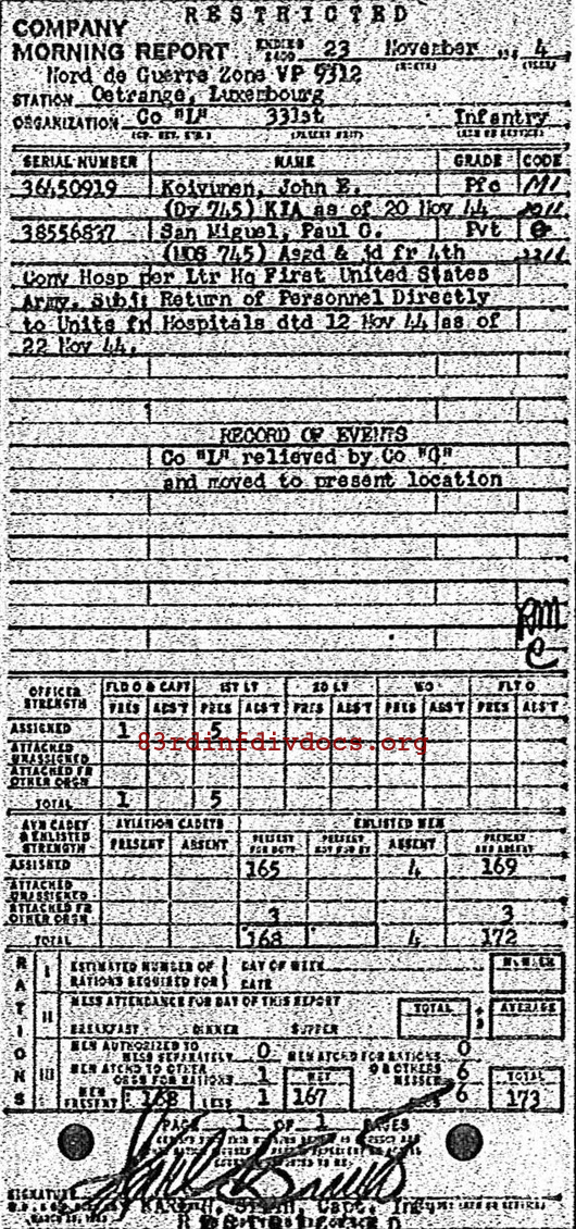 Morning report L Co, 1944-11-23, page 1 Morning report