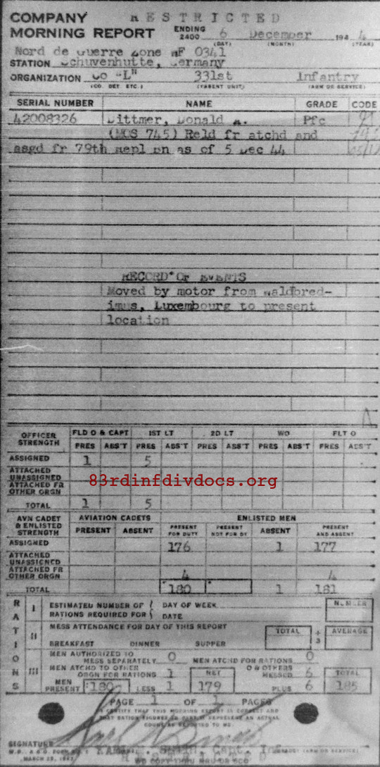 Morning report L Co, 1944-12-06, page 1 Morning report