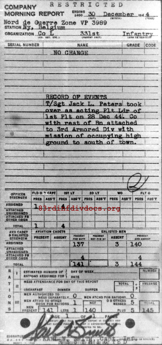 Morning report L Co, 1944-12-30, page 1 Morning report