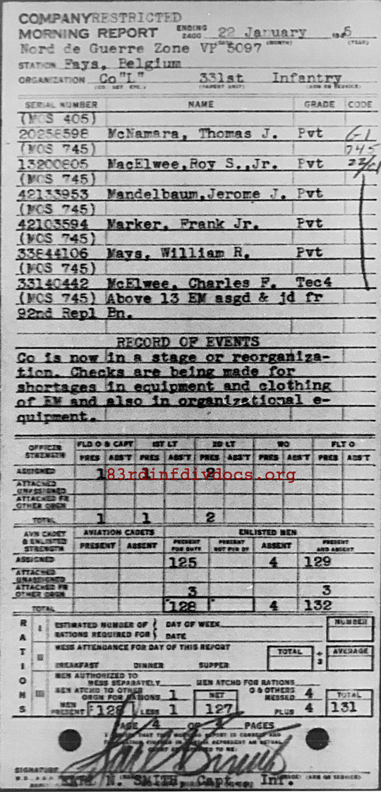 Morning report L Co, 1945-01-22, page 4 Morning report