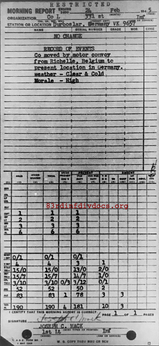Morning report L Co, 1945-02-24, page 1 Morning report