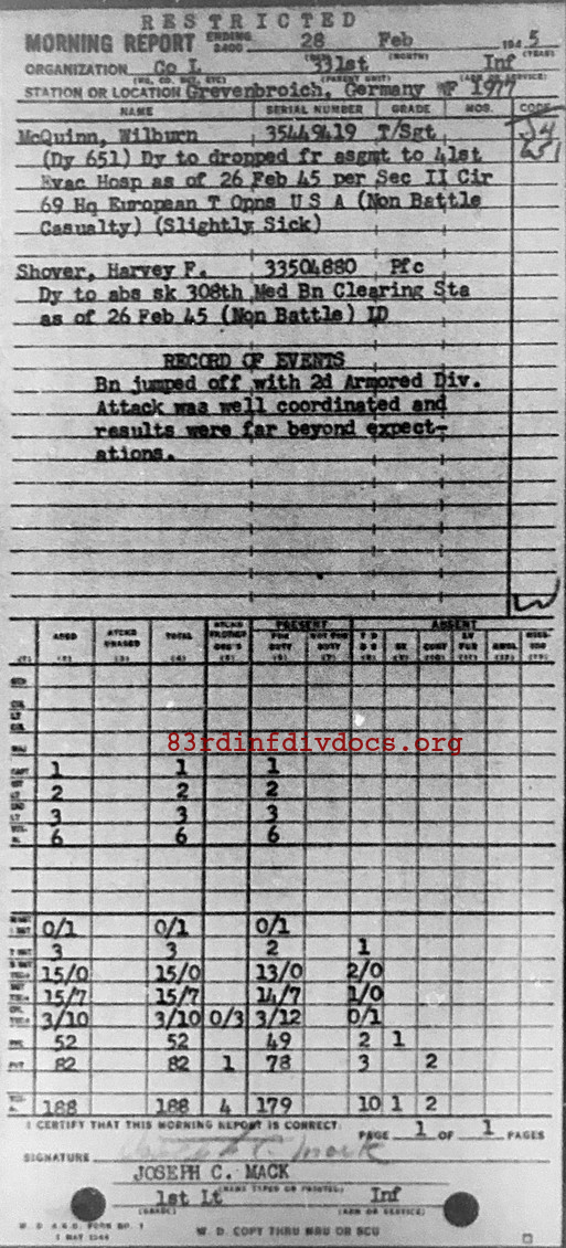 Morning report L Co, 1945-02-28, page 1 Morning report