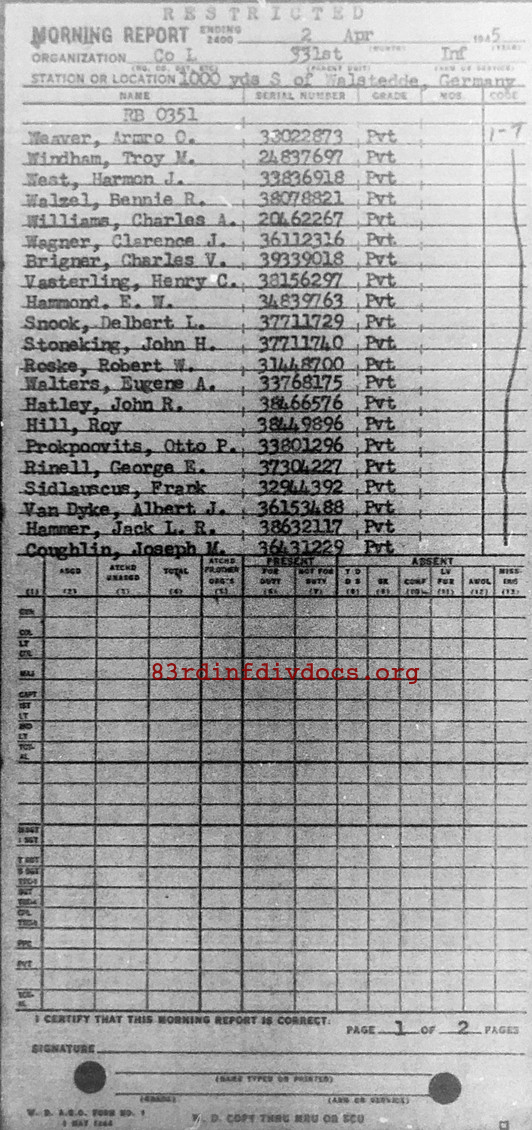 Morning report L Co, 1945-04-02, page 1 Morning report