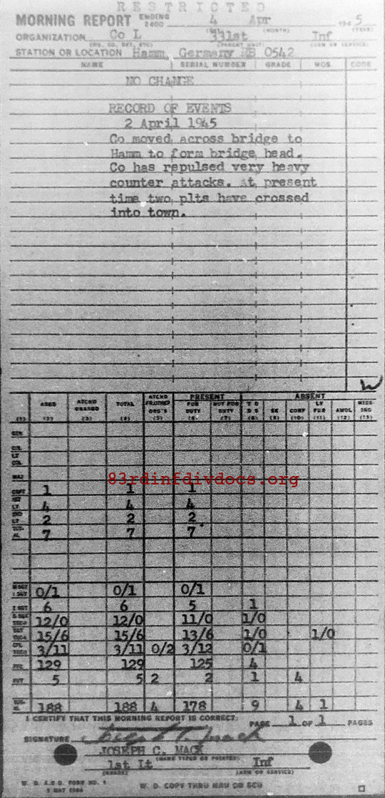 Morning report L Co, 1945-04-04, page 1 Morning report