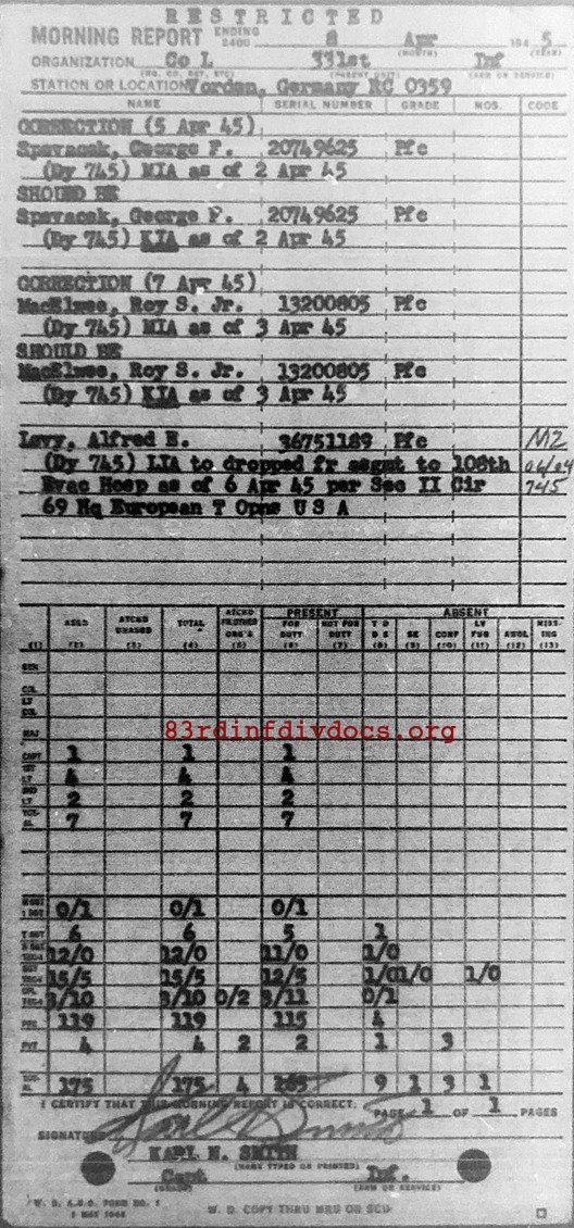 Morning report L Co, 1945-04-08, page 1 Morning report
