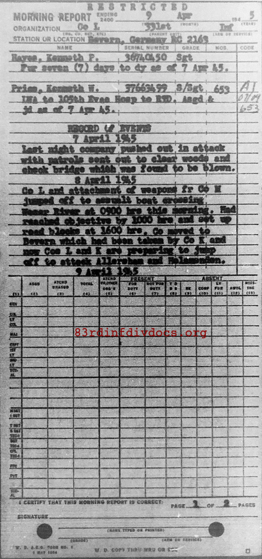 Morning report L Co, 1945-04-09, page 1 Morning report