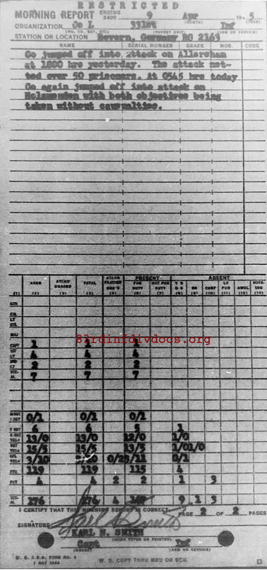 Morning report L Co, 1945-04-09, page 2 Morning report