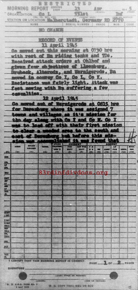 Morning report L Co, 1945-04-13, page 1 Morning report