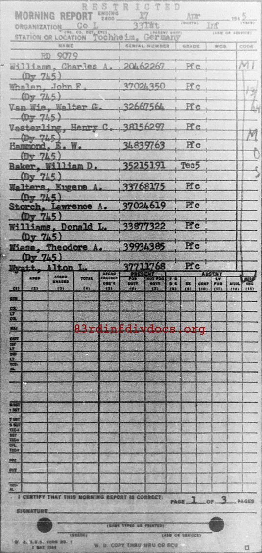 Morning report L Co, 1945-04-17, page 1 Morning report
