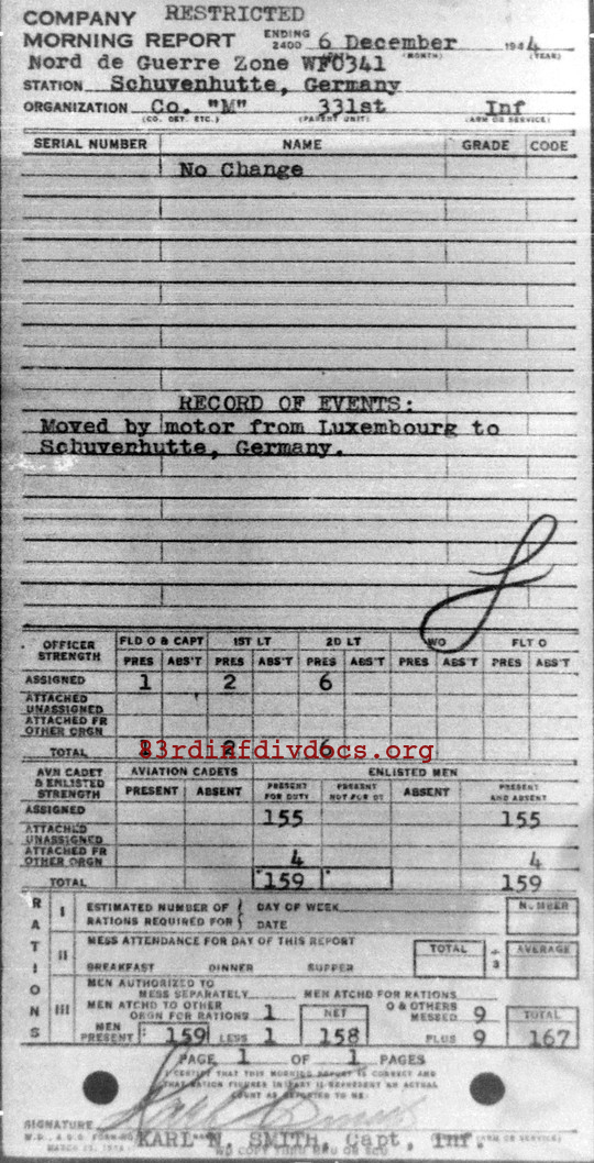 Morning report M Co, 1944-12-06, page 1 Morning report