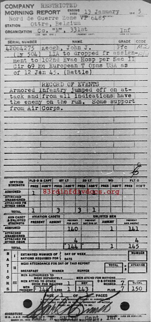 Morning report M Co, 1945-01-13, page 1 Morning report
