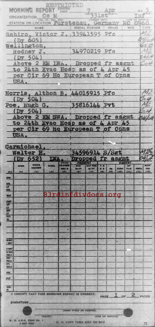 Morning report M Co, 1945-04-07, page 1 Morning report