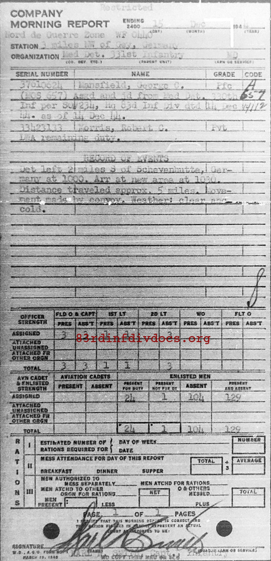 Morning report MEDDET Co, 1944-12-15, page 1 Morning report