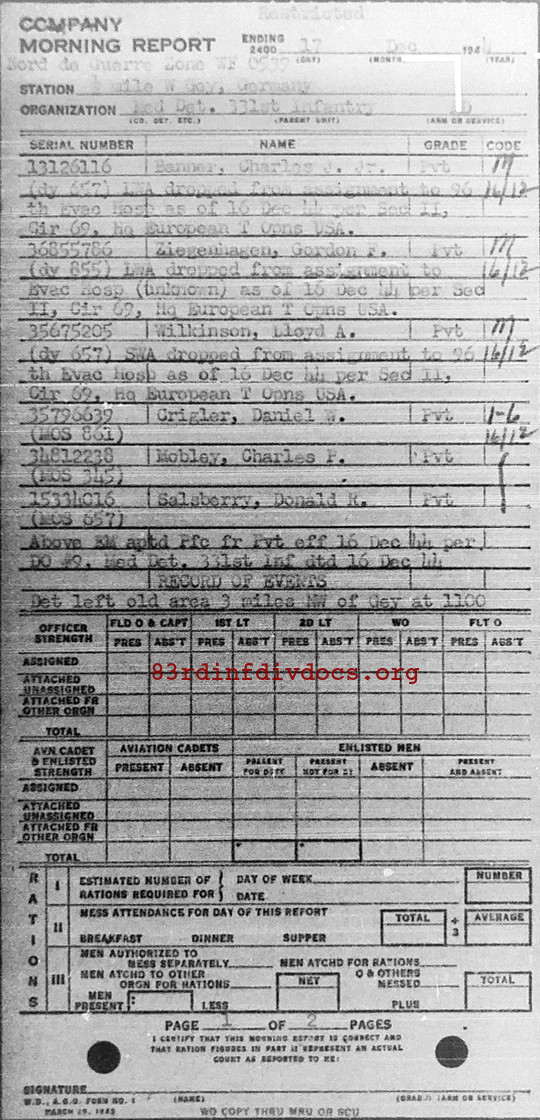 Morning report MEDDET Co, 1944-12-17, page 1 Morning report