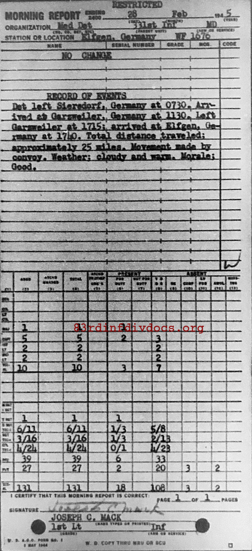 Morning report MEDDET Co, 1945-02-28, page 1 Morning report