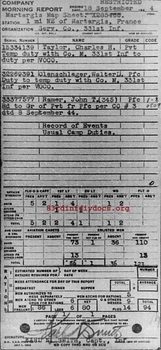 Morning report SERCO Co, 1944-09-18, page 1 Morning report