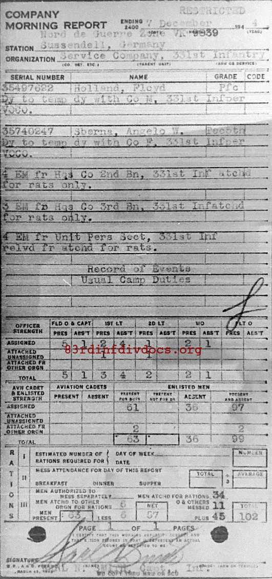 Morning report SERCO Co, 1944-12-07, page 1 Morning report