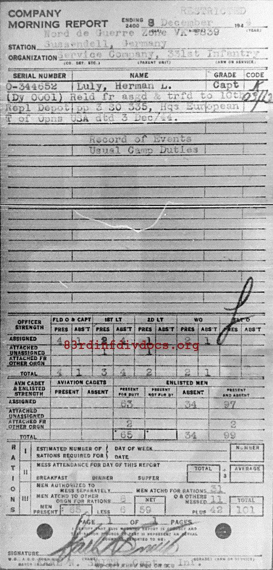 Morning report SERCO Co, 1944-12-08, page 1 Morning report