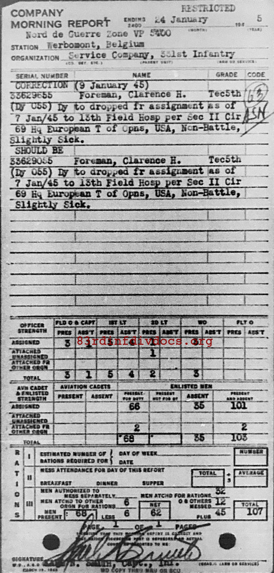 Morning report SERCO Co, 1945-01-24, page 1 Morning report