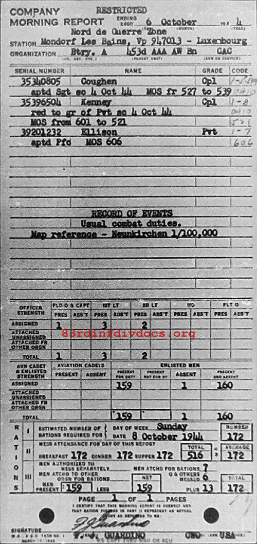 Morning report A Co, 1944-10-06, page 1 Morning report
