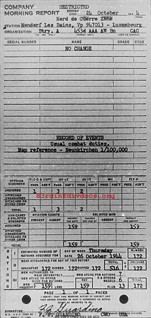 Morning report A Co, 1944-10-24, page 1 Morning report