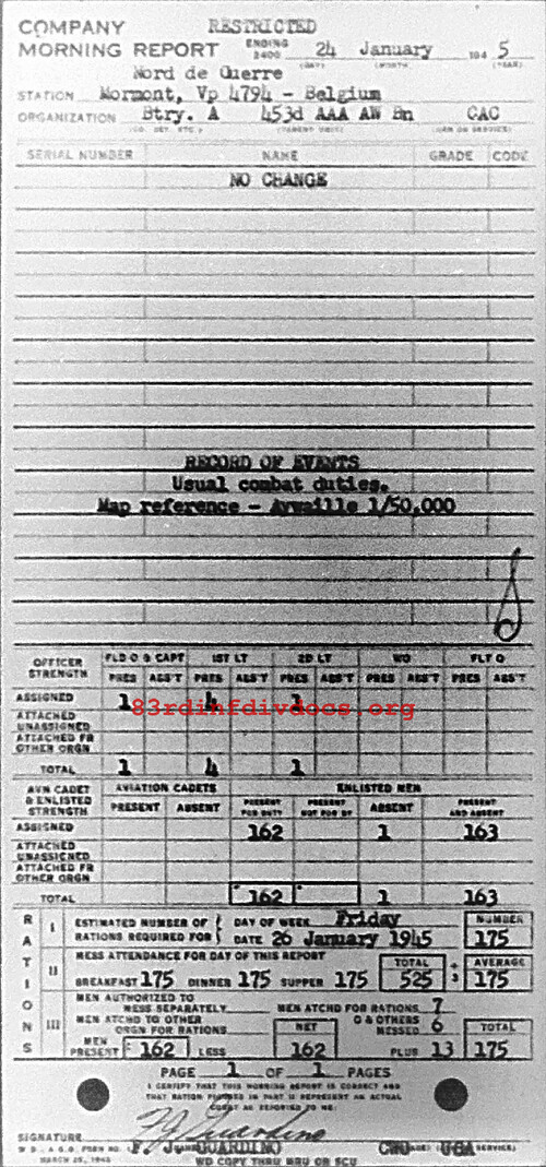 Morning report A Co, 1945-01-24, page 1 Morning report