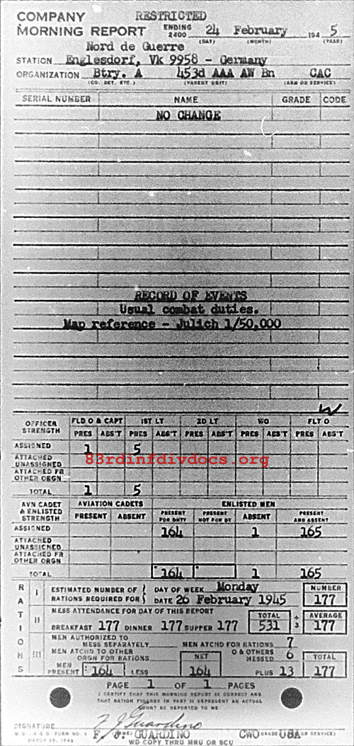 Morning report A Co, 1945-02-24, page 1 Morning report