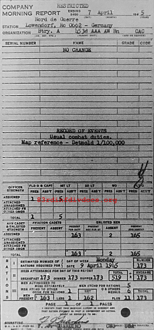 Morning report A Co, 1945-04-07, page 1 Morning report