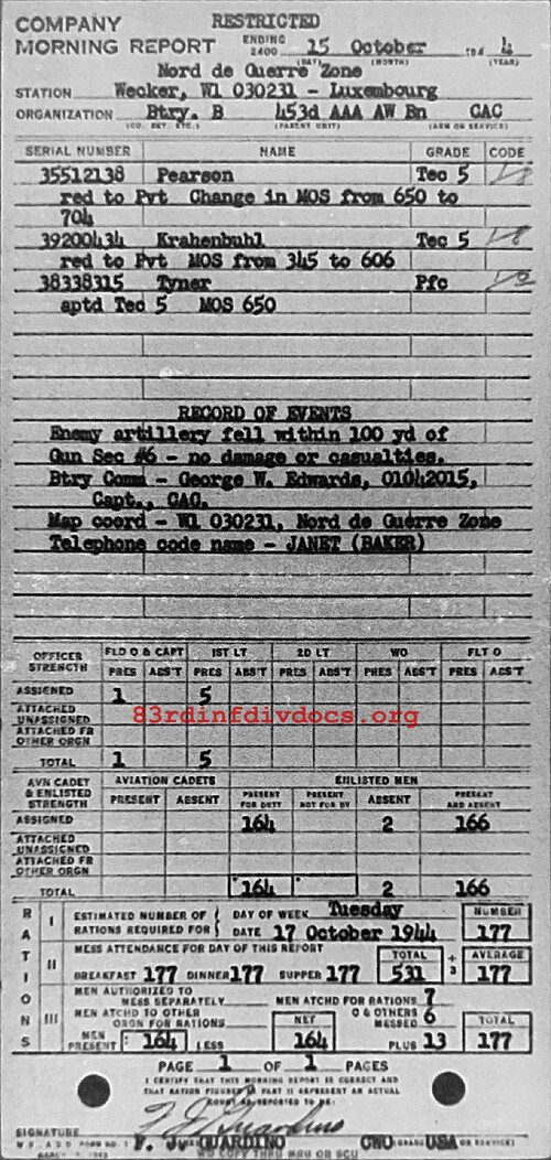 Morning report B Co, 1944-10-15, page 1 Morning report