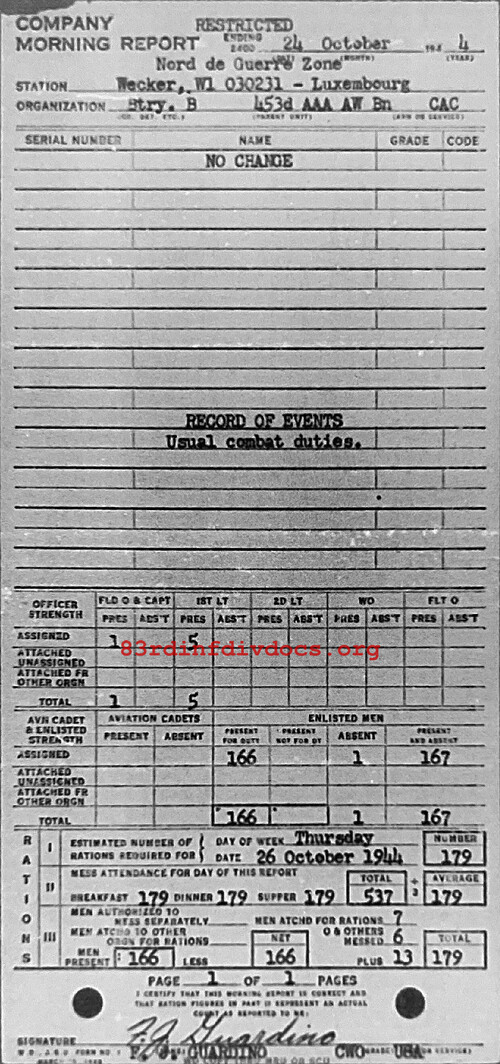 Morning report B Co, 1944-10-24, page 1 Morning report