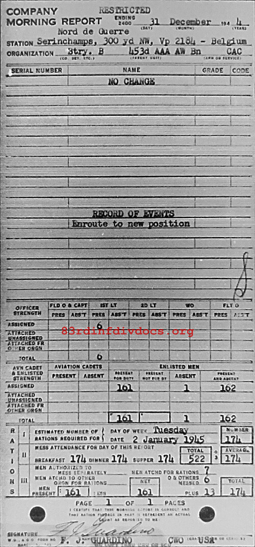 Morning report B Co, 1944-12-31, page 1 Morning report