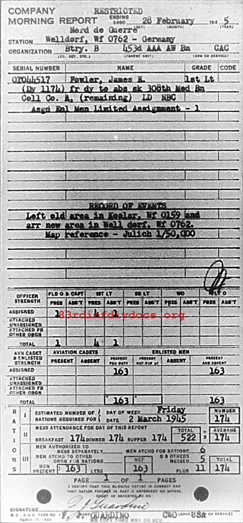 Morning report B Co, 1945-02-28, page 1 Morning report