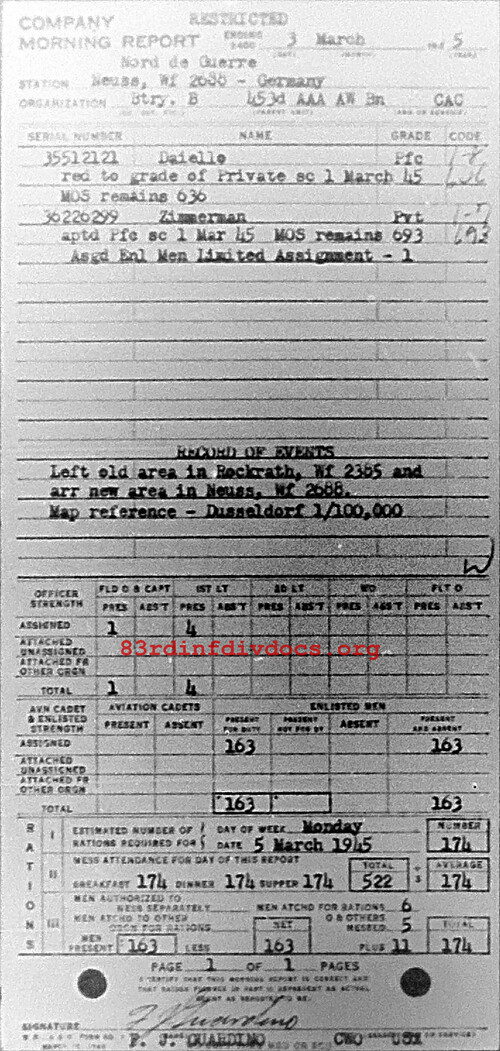 Morning report B Co, 1945-03-03, page 1 Morning report