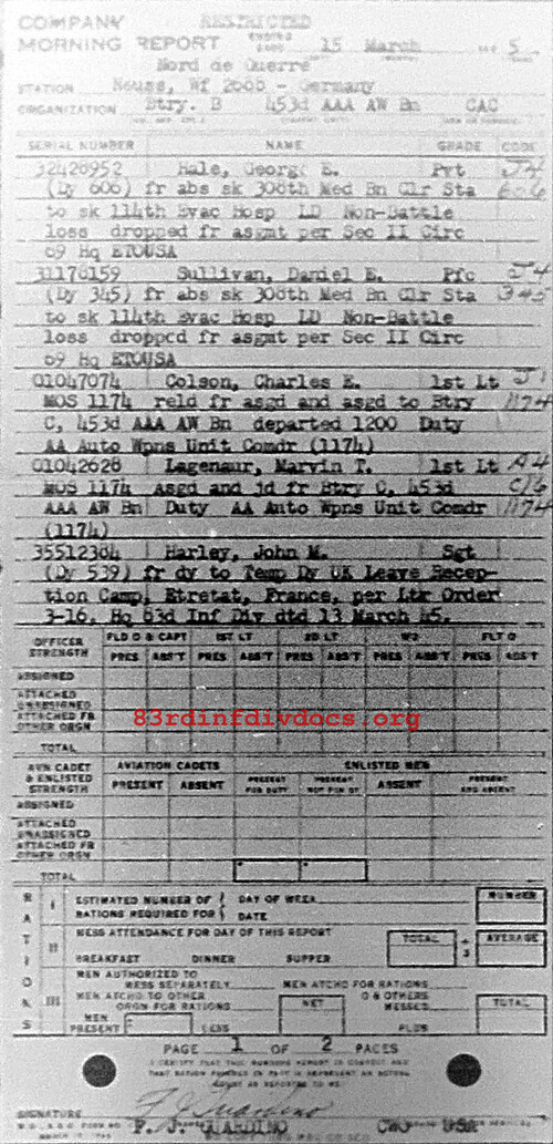 Morning report B Co, 1945-03-15, page 1 Morning report