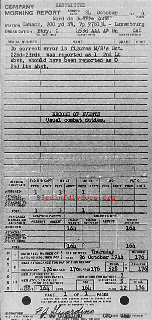 Morning report C Co, 1944-10-24, page 1 Morning report