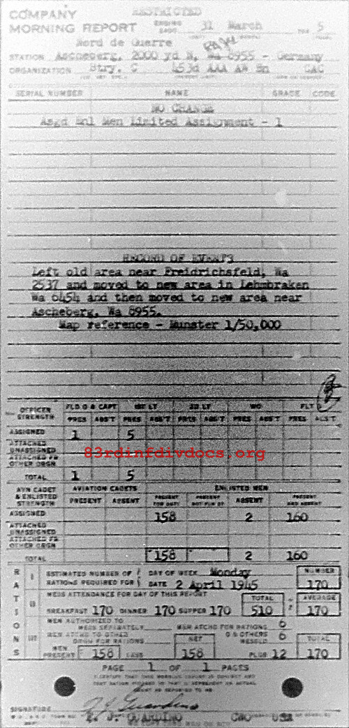 Morning report C Co, 1945-03-31, page 1 Morning report