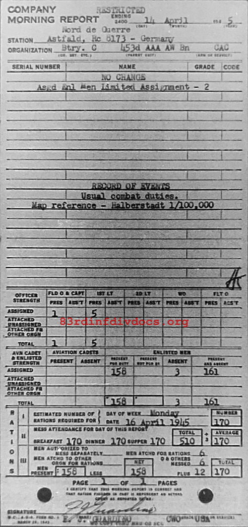 Morning report C Co, 1945-04-14, page 1 Morning report