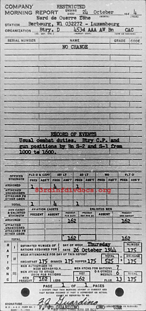 Morning report D Co, 1944-10-24, page 1 Morning report