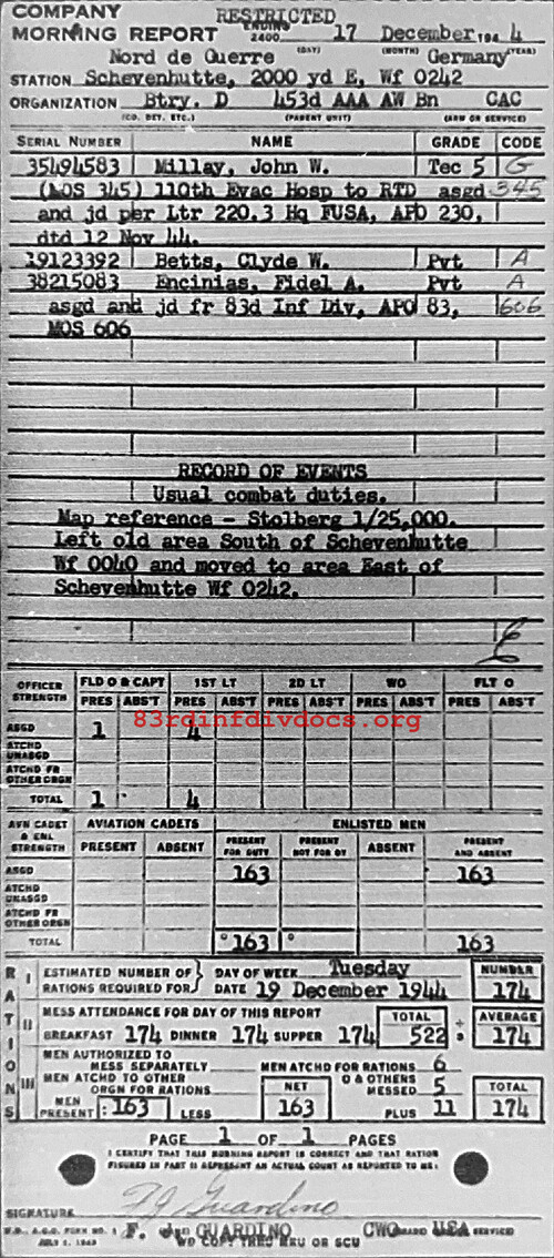 Morning report D Co, 1944-12-17, page 1 Morning report
