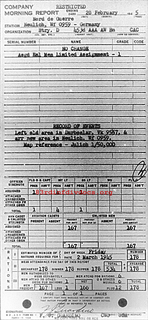 Morning report D Co, 1945-02-28, page 1 Morning report