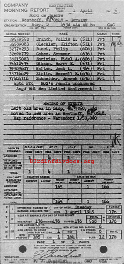 Morning report D Co, 1945-04-01, page 1 Morning report