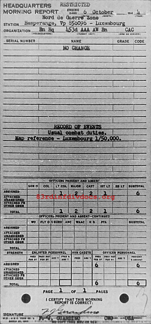 Morning report HQ Co, 1944-10-06, page 1 Morning report