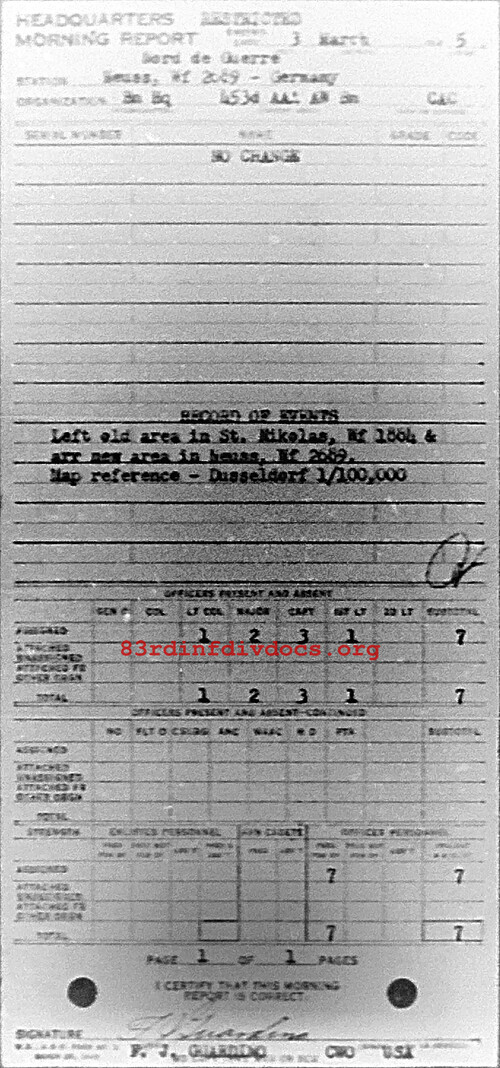 Morning report HQ Co, 1945-03-03, page 1 Morning report