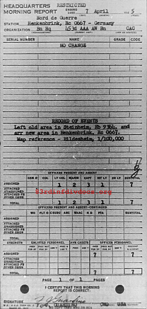 Morning report HQ Co, 1945-04-07, page 1 Morning report