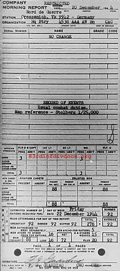 Morning report HQBTRY Co, 1944-12-20, page 1 Morning report