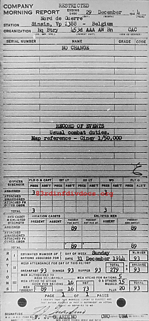 Morning report HQBTRY Co, 1944-12-29, page 1 Morning report