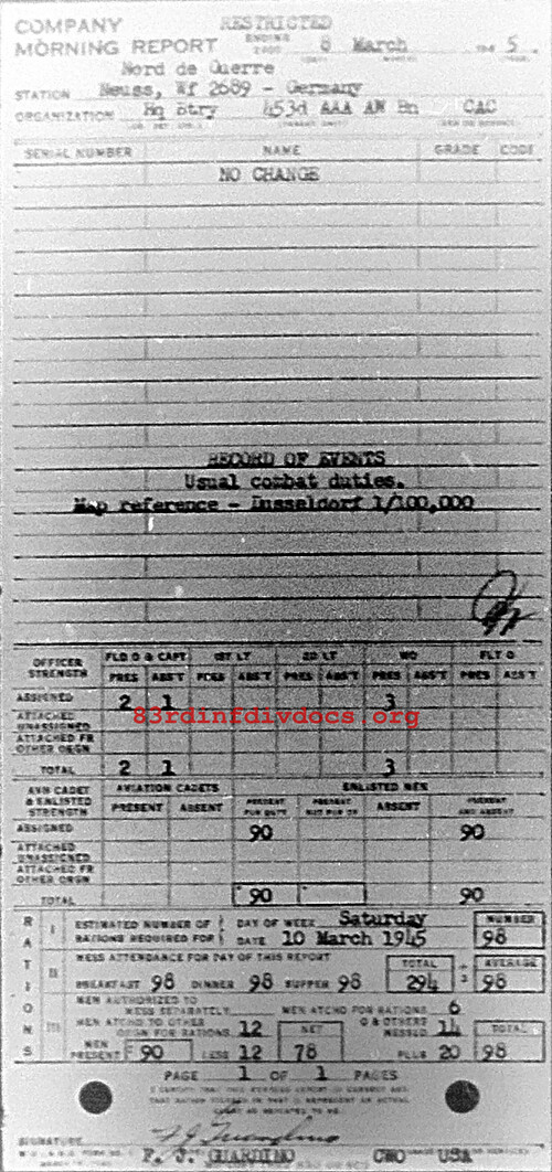 Morning report HQBTRY Co, 1945-03-08, page 1 Morning report