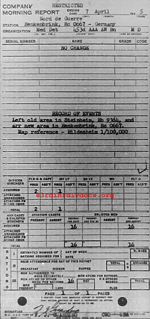 Morning report MEDDET Co, 1945-04-07, page 1 Morning report