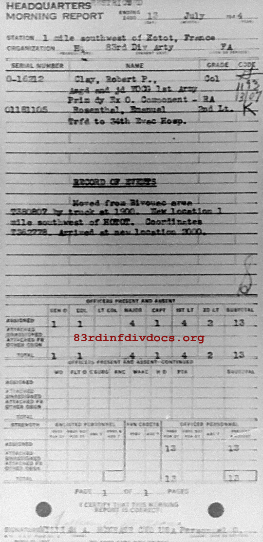 Morning report ARTYHQ Co, 1944-07-13, page 1 Morning report
