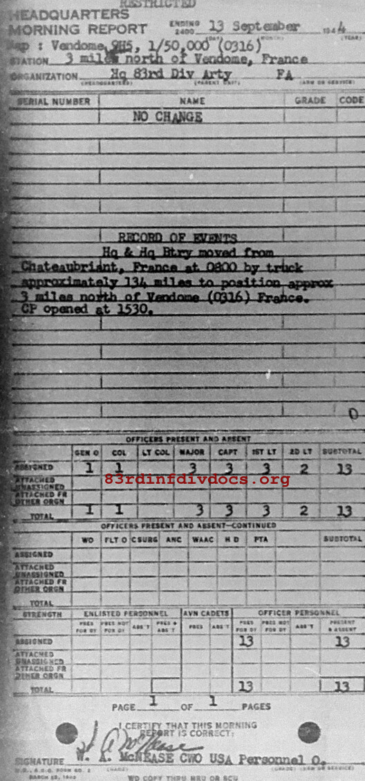 Morning report ARTYHQ Co, 1944-09-13, page 1 Morning report